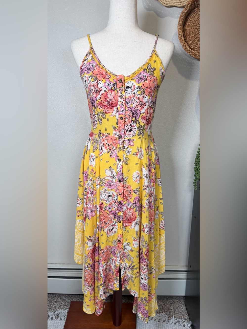 Yellow MultiColor Floral Bandana Handkerchief Button Up Dress Angie Size Small